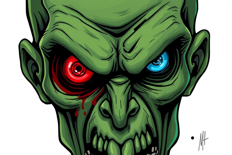 Create a detailed digital illustration of a green zombie head with one red eye and one blue eye, capturing a fierce expression, using a DSLR camera with 50mm lens at f/1.8, ISO 100, and a shallow depth of field for enhanced focus on facial details, high-resolution, and vibrant colors.