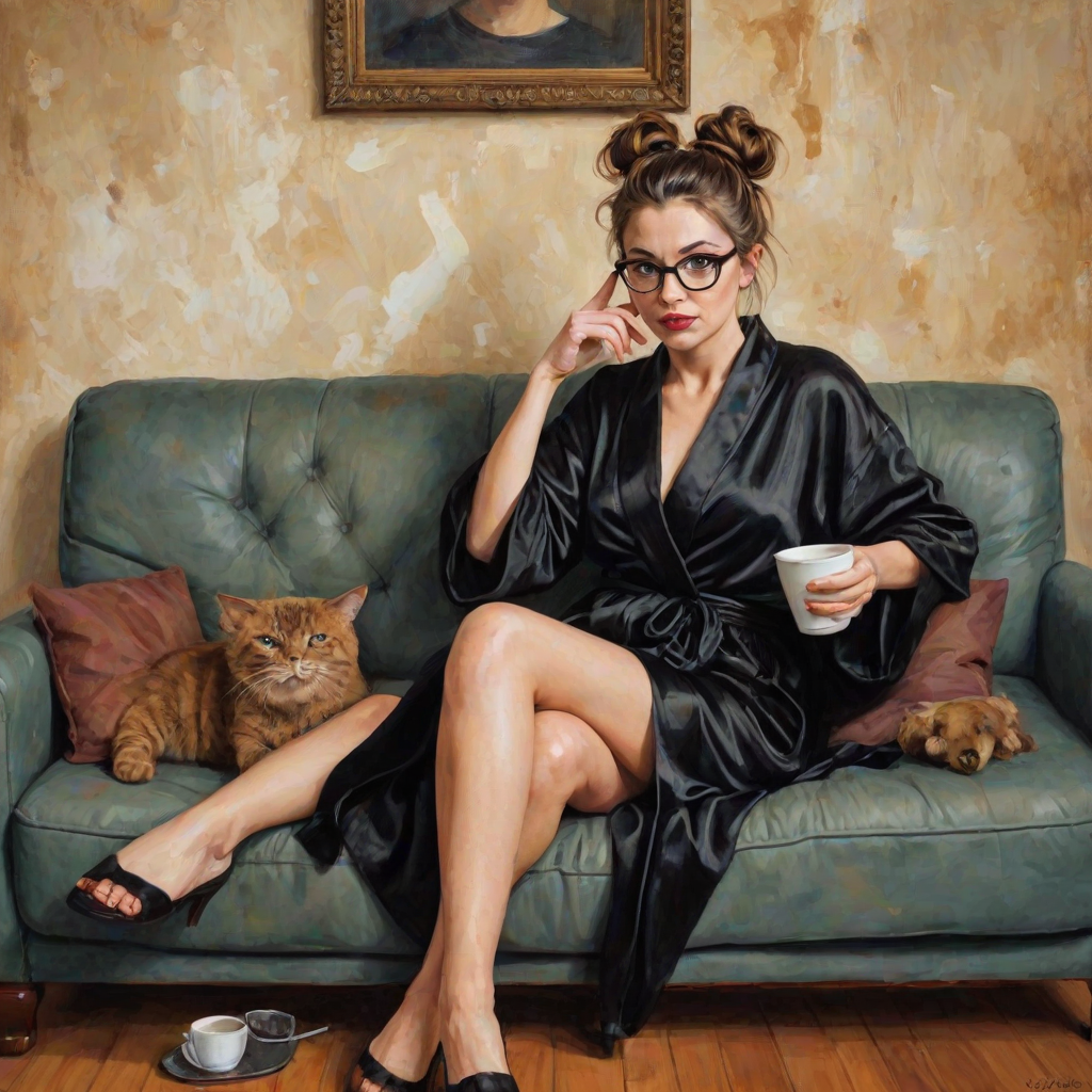 The words ‘Professional Overthinker’ (exact spelling) An exaggerated whimsical illustration of a cute silly lady with unruly messy brown bun and black glasses pouty lips and a thinking expression. Shes sitting on the couch, legs folded wearing a black silk robe, black fuzzy slippers. She’s holding her coffee cup and making a deep-in-thought face.  A quirky scruffy cat (dog) looking at her against a mottled, oil painting style soft background living room setting.