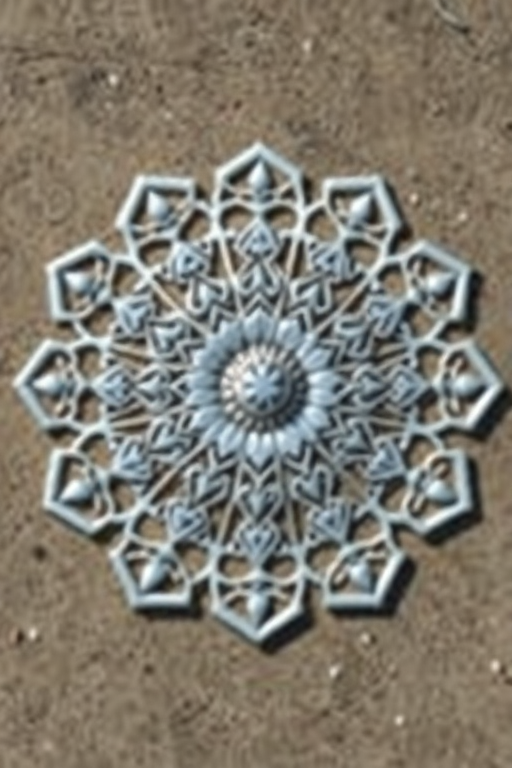 Create a high-resolution image of an intricate silver mandala design with a symmetrical pattern and delicate hearts integrated, using a DSLR camera set to f/2.8 aperture, ISO 100, and a 50mm lens at a top-down view in natural lighting.