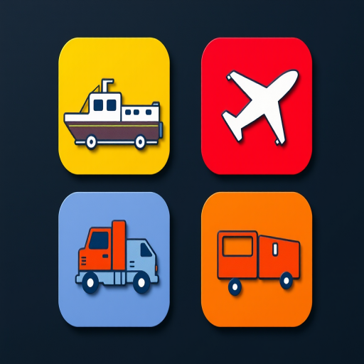 Regenerate an image with four colorful square icons representing different modes of transport: a ship, a truck, an airplane, and a train, using a high-resolution camera, 50mm lens, f/1.8 aperture, ISO 100, and natural lighting for enhanced quality.