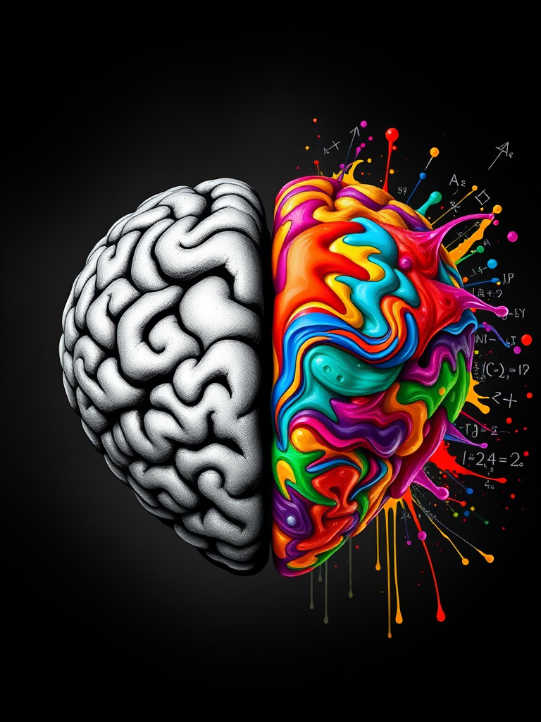 Create an image of a heart shape divided into two halves, one half featuring a realistic black and white brain, and the other half showcasing a vibrant, colorful brain with swirling patterns and splashes of paint, incorporating mathematical equations in the background, shot with a Canon EOS 5D Mark IV, 50mm lens, f/1.8, ISO 100, natural lighting for enhanced detail and vivid color contrast.