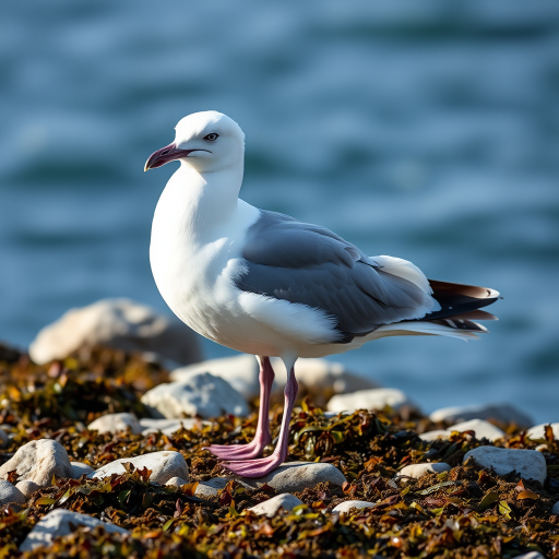 A seagull standing on rocky ground covered in seaweed, captured with a Canon EOS 5D Mark IV, 100mm lens, aperture f/8, ISO 200, natural lighting, shallow depth of field.