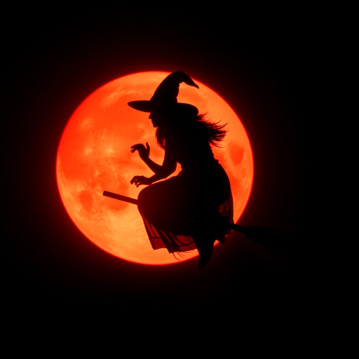 Double exposure, a silouette of a witch on a broomstick centered in the middle of an blood orange full moon.  Any suggestions on getting a good image of a witch on a broomstick centered in the middle of an blood orange full moon.  I tried different generators and changed the wording around.