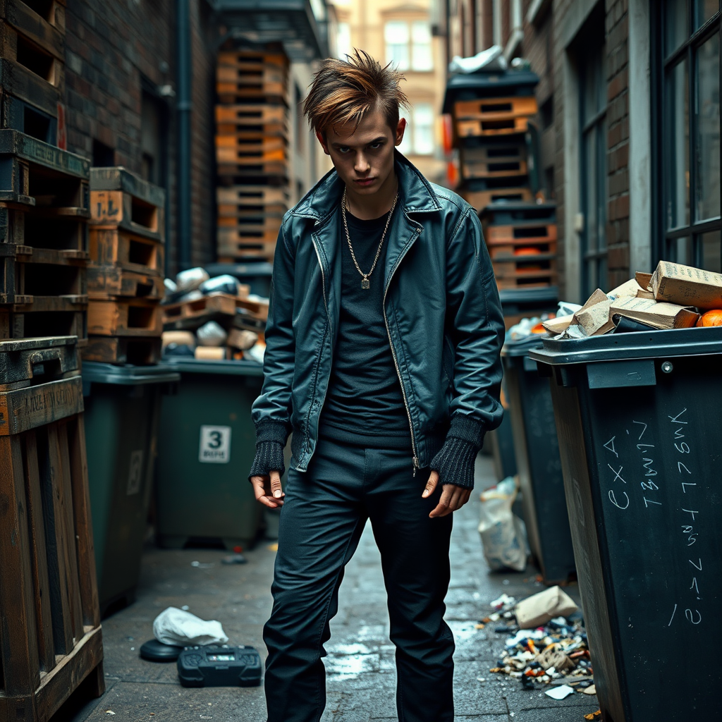 generate an ultra-realistic, highly detailed photograph of a punk. he's standing still, looking menacingly at the camera. he's in a narrow, dirty London street. there are wooden crates stacked up. overflowing rubbish bins, rubbish on the ground.