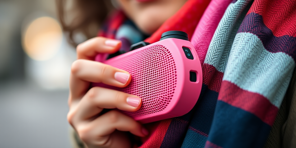 Capture a close-up image of a person holding a pink portable speaker, focusing on the details of the speaker and the colorful scarf, use a Canon EOS R5 at f/2.8, 1/100s, ISO 200, with a soft bokeh background to enhance subject clarity and vibrancy.