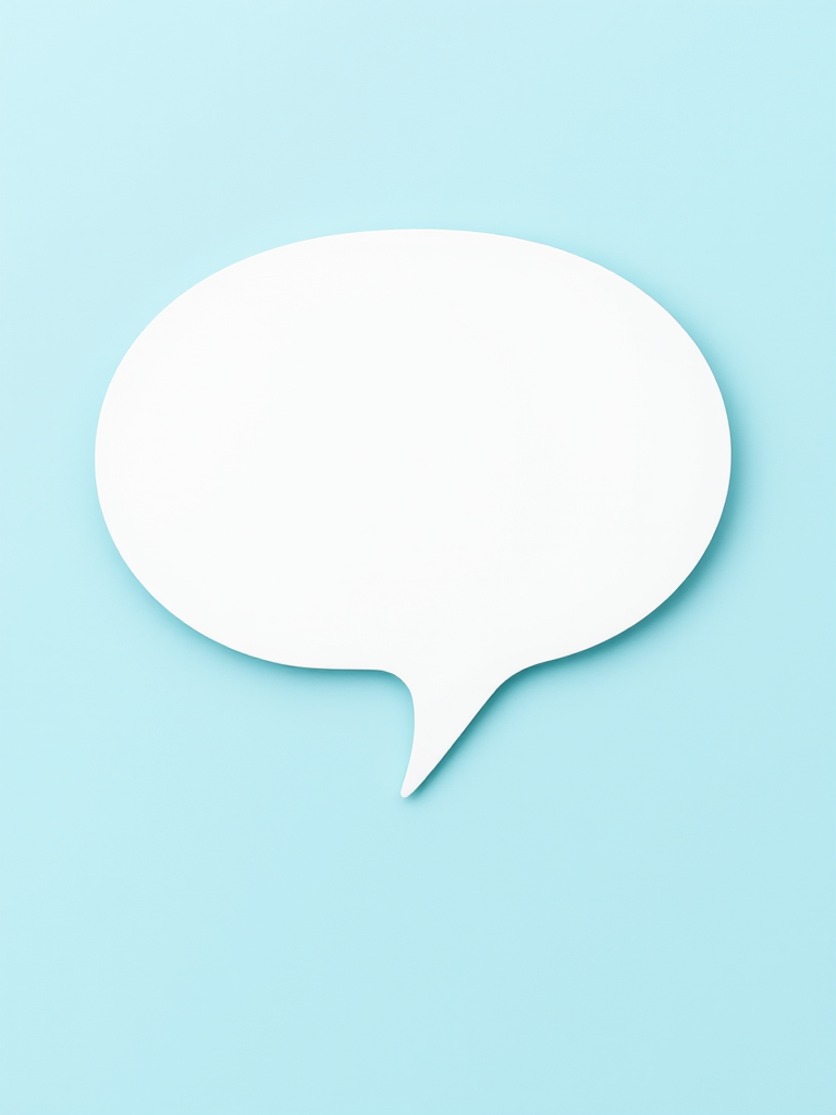 Create an image of a blank speech bubble against a plain background, using a DSLR camera with a 50mm lens, aperture set to f/1.8 for a shallow depth of field, ISO 100, and a slight vignette effect.