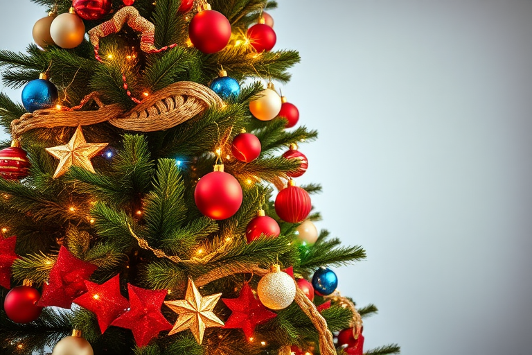 Create a vibrant Christmas tree scene adorned with colorful ornaments and twinkling lights, captured with a DSLR camera at f/2.8, ISO 200, 1/60s, using a wide-angle lens from a low angle to emphasize the tree's height and decorations, in a bright studio setting for enhanced clarity and color.