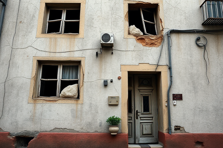 Create a detailed 3D rendering of a worn, cracked building with visible damage, showcasing broken windows and a door with a small potted plant, captured with a DSLR camera at f/8 aperture, ISO 100, 35mm focal length, in a low-angle view to emphasize the structure's height and texture.