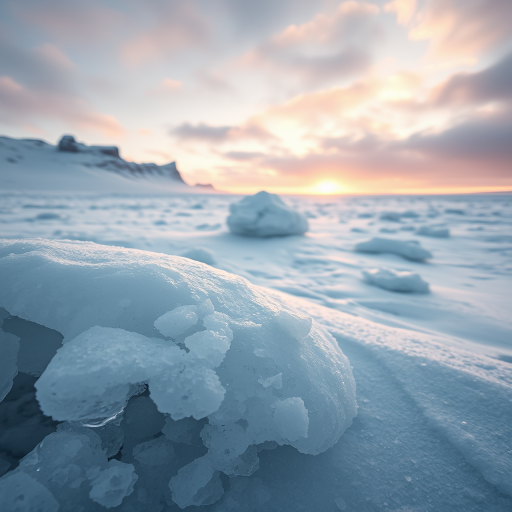 Snowy landscape at dawn with icy formations and crystalline structures in the foreground, shot with a Canon EOS R5, 24mm lens, f/11 aperture, ISO 100, and a soft-focus effect to enhance atmospheric depth.
