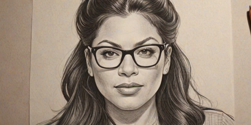 Resplendent Sara Ramirez, pencil sketch, portrait of Fascinating woman 1972s in glasses, hair style beatnik, outline, clear lines, fine lines, 8k