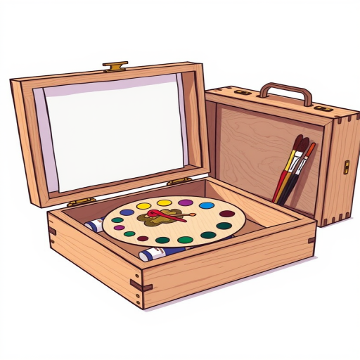 Create a high-resolution illustration of an open wooden art box containing a palette, paint tubes, and brushes next to a closed wooden case, use a DSLR camera with a 50mm lens, aperture f/2.8, ISO 100, and natural lighting to enhance color and detail.