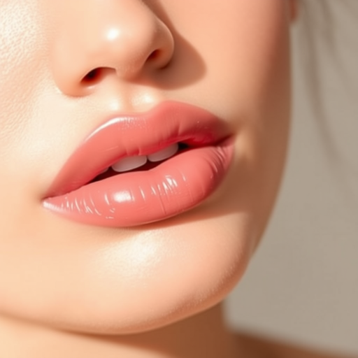 Hydrating nude pink lips with a satin finish, christened "Dewy Dawn," offering a natural-looking tint and nourishing properties for all-day comfort