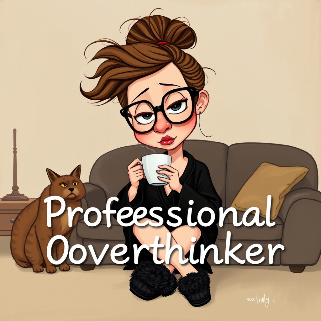 The words ‘Professional Overthinker’ (exact spelling) An exaggerated whimsical illustration of a cute silly lady with unruly messy brown bun and black glasses pouty lips and a thinking expression. Shes sitting on the couch, legs folded wearing a black silk robe, black fuzzy slippers. She’s holding her coffee cup and making a deep-in-thought face.  A quirky scruffy cat (dog) looking at her against a mottled, oil painting style soft background living room setting.