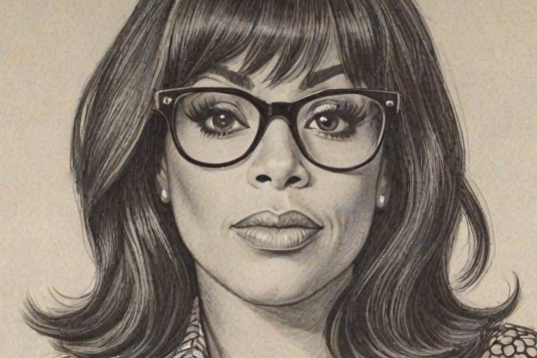 Splendid Niecy Nash, pencil sketch, portrait of Sublime woman 1963s in glasses, hair style beatnik, outline, clear lines, fine lines, 8k