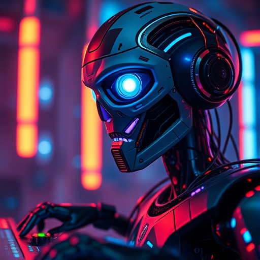 Create a futuristic scene of a robotic DJ with glowing blue eyes and intricate circuitry, intense neon lighting, captured with a Canon EOS R5, 50mm lens at f/1.8, ISO 100, 1/200s, in a close-up shot for enhanced detail and vibrant colors.