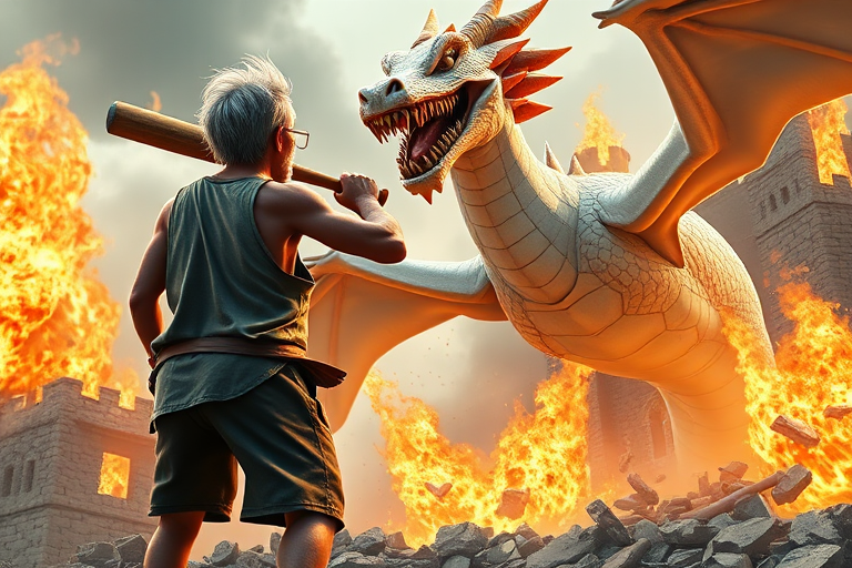 Cartoon 3D High-Resolution,dynamic battle scene using Unreal Engine 5 and Octane Render. The scene features back of an elderly, thai man with a beard,messy hair and round golden-rimmed glasses. He is wearing a tattered tank top with soot marks, shorts, and sandals. sweating. he wields a baseball bat. He jump to fight with a white fire-breathing Europe dragon amidst a partially destroyed stone castle. Include intense flames, smoke, and debris to enhance the dramatic effect.