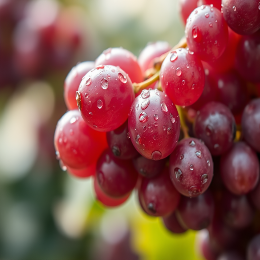 high-resolution image of a cluster of fresh grapes covered in water droplets, soft focus background with bokeh effect, natural lighting, macro lens, f/2.8 aperture, 100mm focal length, ISO 100, shot from a slightly elevated angle, shallow depth of field