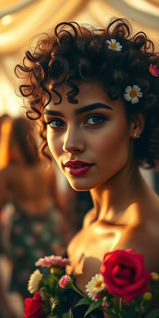 portrait of a young woman with curly hair and flowers, soft natural light, warm color palette, detailed background with people dancing, f/2.8 aperture, 50mm lens, HDR settings, DSLR camera, eye-level view, vibrant and romantic style