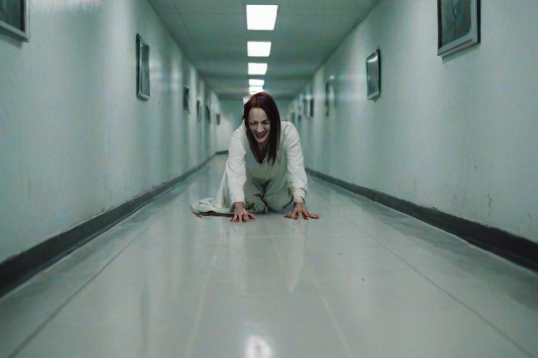 a crooked woman with long arms and a creepy smile is crawling along a long white corridor and you can also see cockroaches in it there is a creepy atmosphere creepy art style