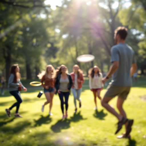 Blurry, candid photo of a group of friends playing frisbee in a park, laughter frozen in the moment, sunlight filtering through the trees, shadows stretching across the grass, a soft breeze rustling the leaves, the distant sound of birds chirping.