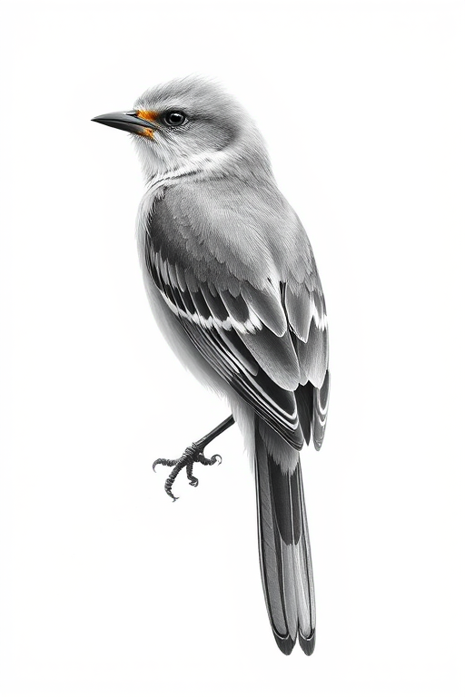 Create a detailed illustration of a bird with intricate patterns and a blend of gray and white colors, featuring a long tail and delicate feathers, captured using a Canon EOS R5 camera with a 50mm f/1.2 lens, at aperture f/2.8 for shallow depth of field, 1/250s shutter speed, and ISO 100 for maximum clarity and detail, presented in a soft natural light setting.