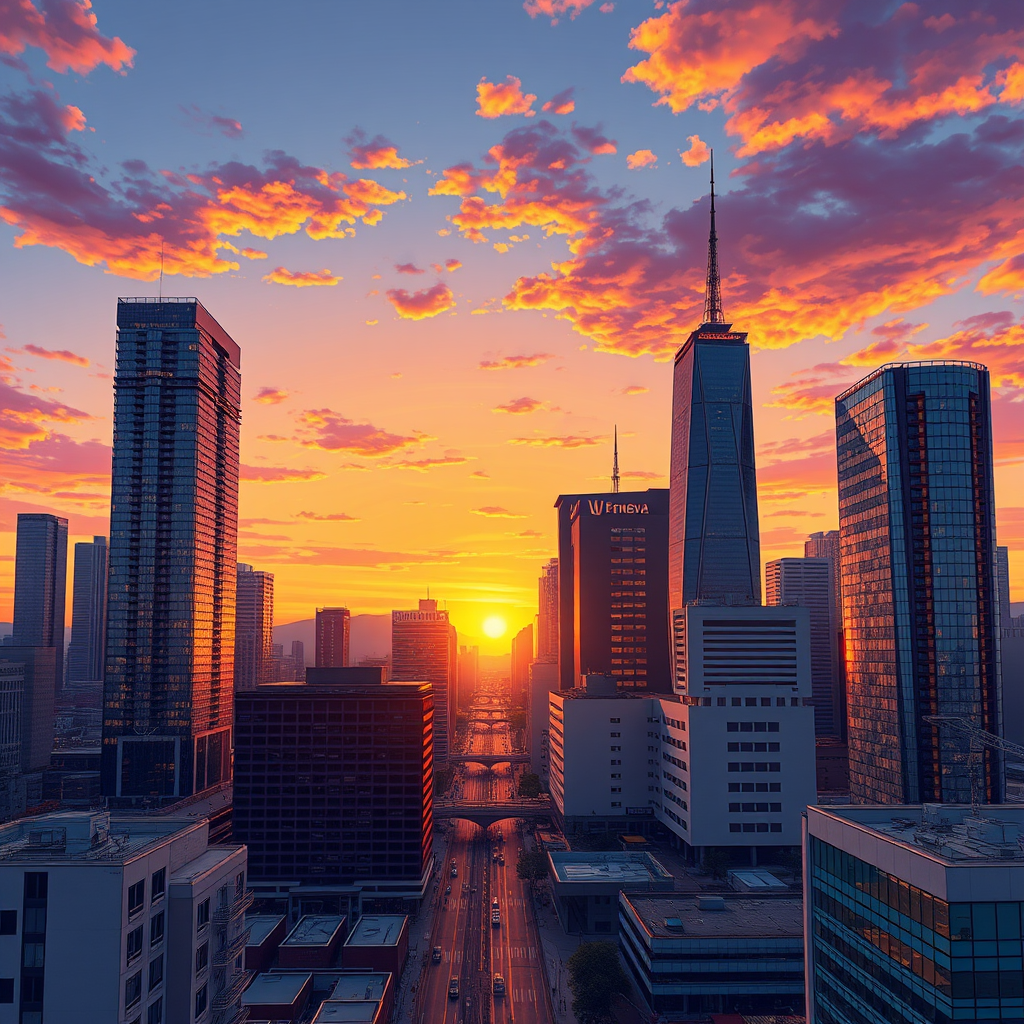 Generate a detailed illustration of a modern city skyline at sunset, with vibrant colors, camera settings at ISO 100, f/8 aperture, 1/60s shutter speed, camera view from a high vantage point, camera style in a realistic manner, and use a DSLR camera type for enhanced image quality.