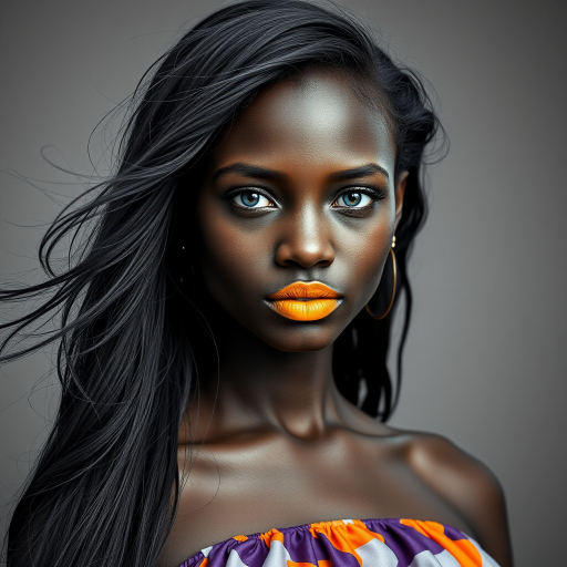 Photographic image of a beautiful young Oromo woman, cyan eyes, lips with Yellow lipstick, long hair fluttering in the wind and wearing a silk strapless dress with a soft purple and orange print. monochrome image with only color highlights in the iris of the eyes, lipstick and dress. Gray background.