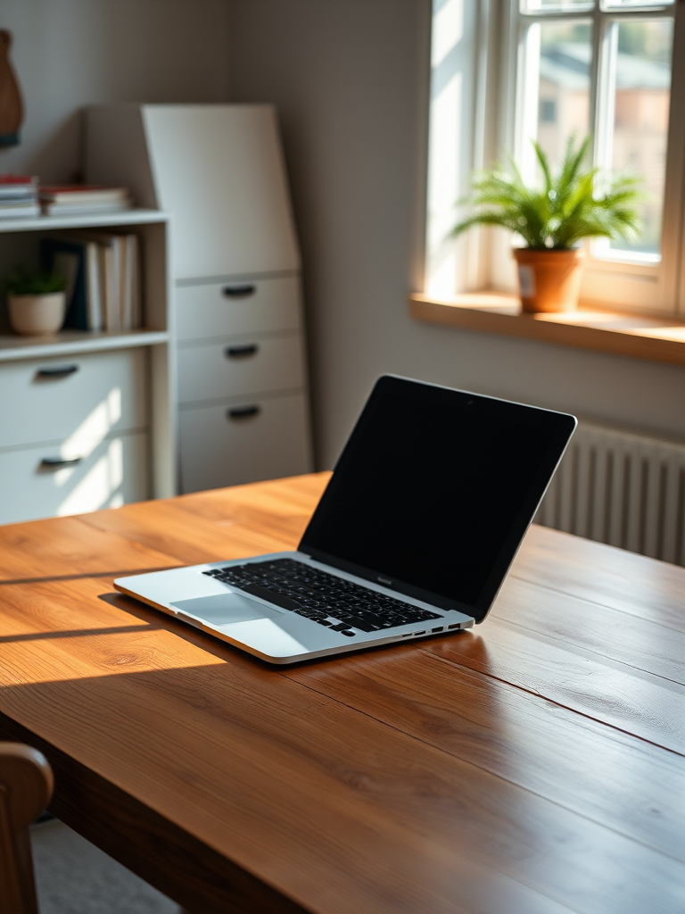 Create a high-resolution image of a laptop on a wooden desk, viewed from a slightly elevated angle, using a 50mm lens at f/1.8 aperture, ISO 100, with soft natural lighting to enhance details and reduce shadows.