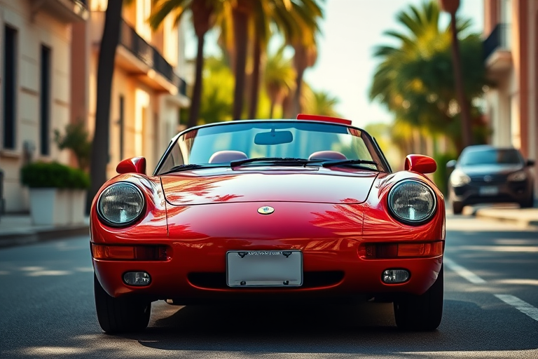 red convertible car parked on a sunny street, taken with a DSLR camera at f/8 aperture, ISO 100, 50mm lens, shallow depth of field, front three-quarters view, vibrant colors, high resolution