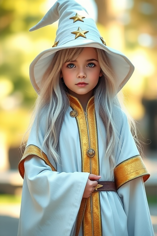 Create an image of a young wizard character with long silver hair, wearing a white and gold robe with a star-shaped hat, standing confidently in a bright, ethereal setting, using a DSLR camera with a 50mm lens, aperture f/1.8, ISO 100, and a soft focus background to enhance depth of field.