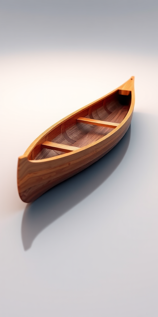 Create a high-quality 3D rendering of a wooden canoe with rich, warm colors, using a Canon EOS R5 with a 50mm f/1.2 lens, aperture set to f/8 for sharpness, low ISO at 100 to reduce noise, with soft, diffused lighting to highlight the texture and reflections, viewed from a slightly elevated angle to emphasize the canoe's sleek lines.