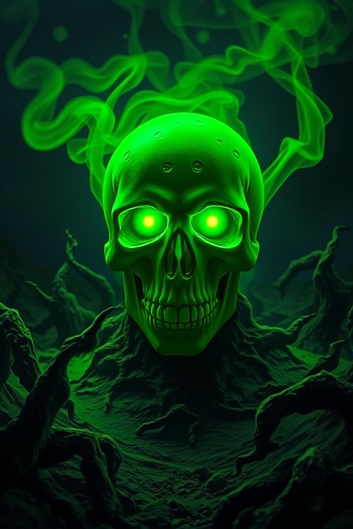 Create an eerie and vibrant depiction of a green skull with glowing eyes emerging from a dark, twisted landscape, with wisps of green smoke spiraling around, using a DSLR camera with a 50mm lens, f/1.8 aperture, ISO 100, and a long exposure at dusk for enhanced texture and depth.