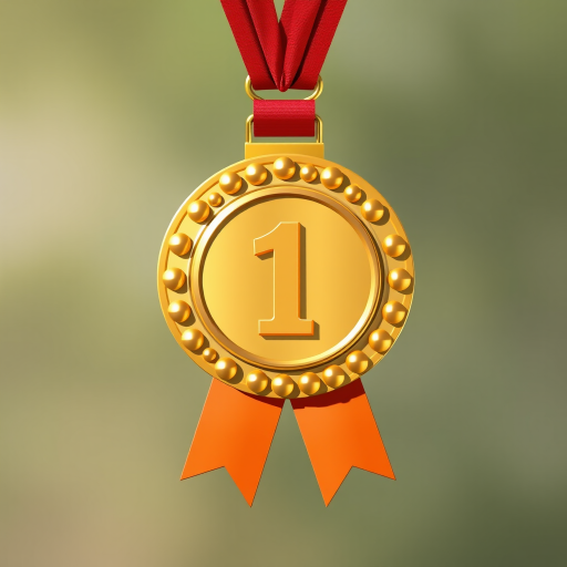 A high-quality digital illustration of a gold medal ribbon badge with the number one in the center, taken with a DSLR camera at f/2.8, ISO 100, 50mm lens, front view, using a bright natural light setting to enhance colors and details.