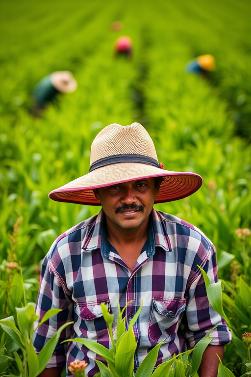 Create an image of a farmer wearing a pink hat in a lush green field with other farmers in the background picking crops, with a shallow depth of field, vibrant colors, taken with a Canon EOS R5 at f/2.8, ISO 200, and a 50mm lens to enhance image quality.