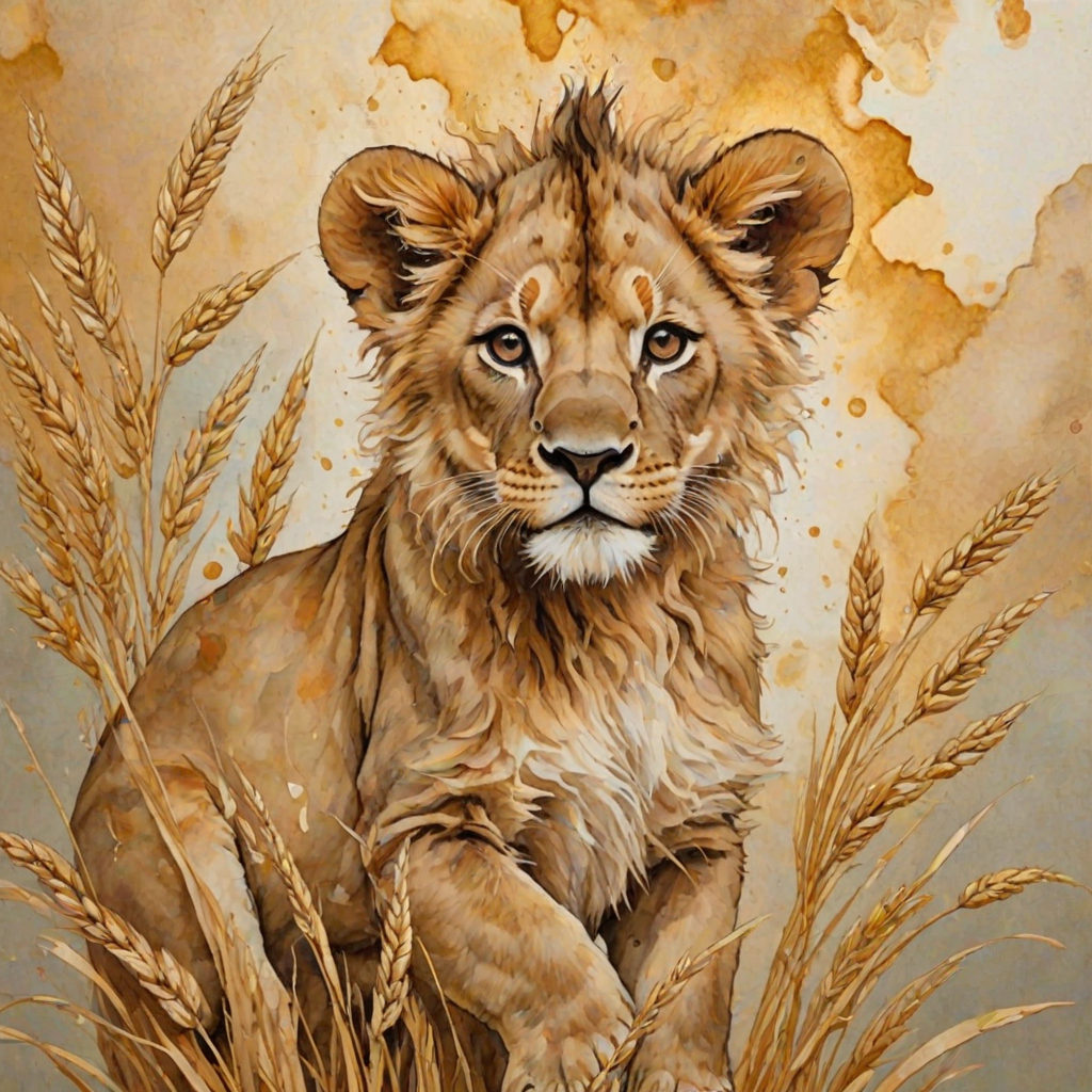 Soft, muted Alcohol Ink with ebru effect background image of tiny whimsical lion, who climbed high on the top of a golden rye ear.