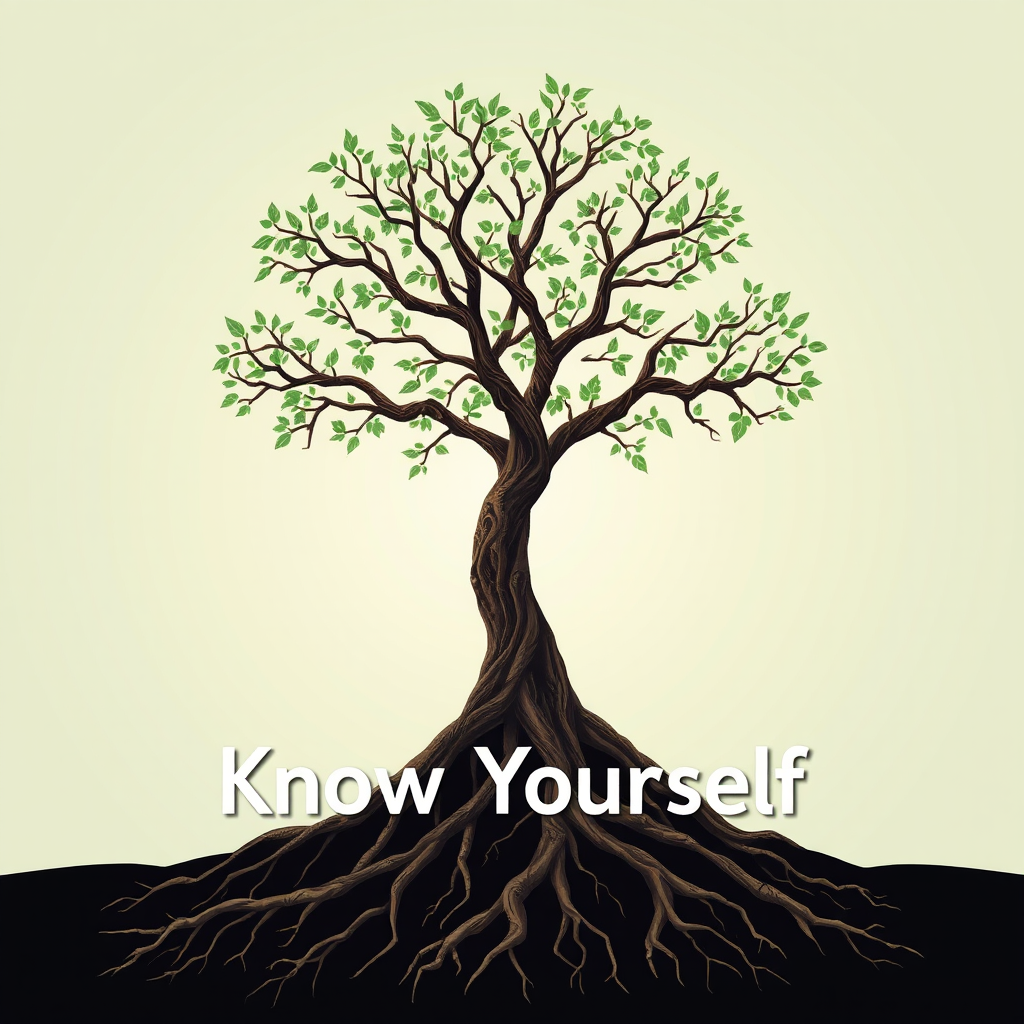 Tree with deep roots: The roots will clearly say "Know Yourself" to represent self-awareness.