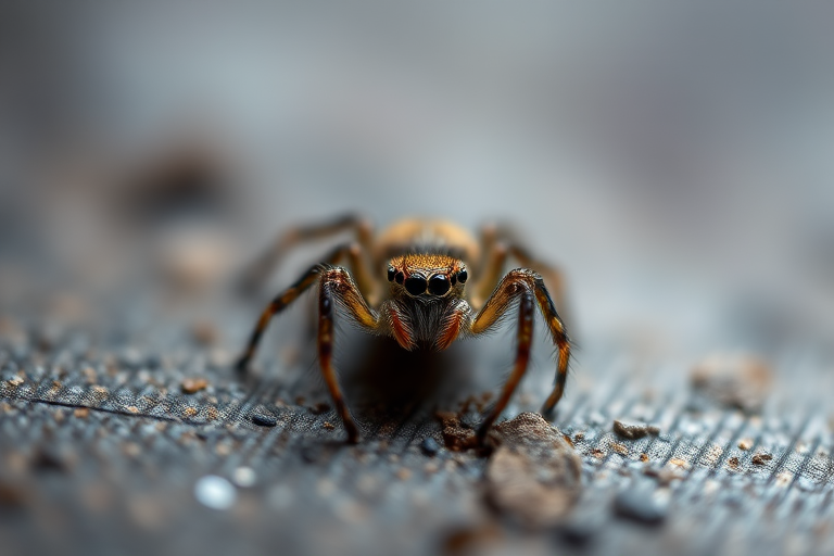 macro photograph of a small spider on a textured surface, 100mm macro lens, aperture f/2.8, shutter speed 1/200s, ISO 100, soft natural lighting, shallow depth of field, focus on the spider, blurred background, taken from a low angle
