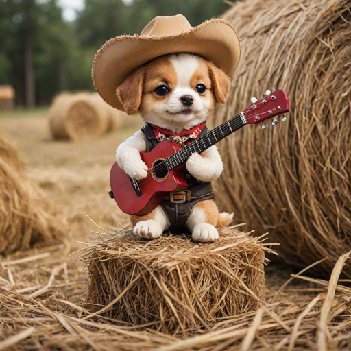 A chibi dog, dressed as a cowboy, playing guitar, sitting on a hay bale