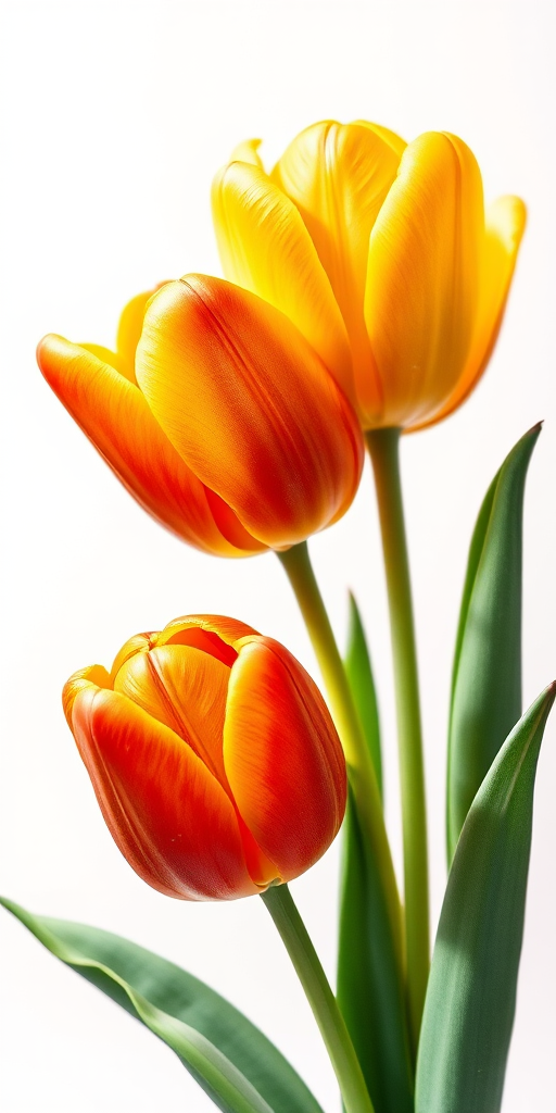 Generate a vibrant watercolor illustration of three tulips in various shades of orange and yellow, captured with a Canon EOS R5 at f/2.8, ISO 100, with a macro lens from a low angle to accentuate their details against a soft gradient background.