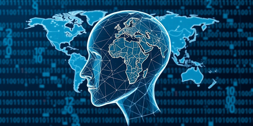 Create a 3D wireframe head with a digital world map overlay and binary code in the background, shot with a 50mm lens, f/1.8 aperture, ISO 100, and top-down view using a DSLR camera for high detail and contrast.
