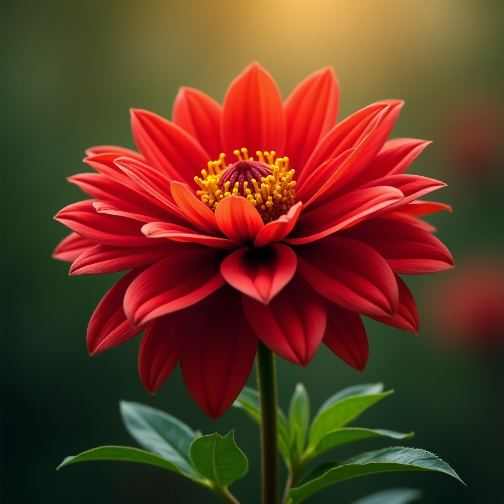 Create a vibrant digital painting of a red flower with green leaves, using a macro lens perspective, f/4 aperture, 1/125 shutter speed, with a soft focus style, using a DSLR camera to enhance image quality.