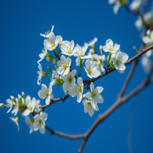 Generate an image of a flowering tree with white blossoms set against a deep blue background, using a DSLR camera with a 50mm lens at f/1.8, 1/2000s shutter speed, ISO 100, balanced composition and vibrant colors.