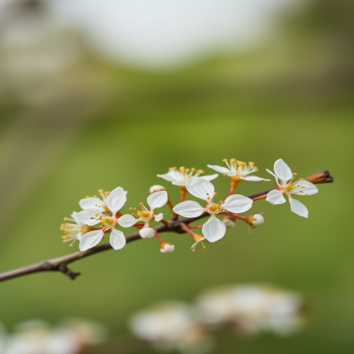 capture a close-up of delicate white flowers on a branch with a blurred green background, using a Canon EOS R5 camera with a 50mm f/1.2 lens, aperture set to f/2.0, ISO 100, shutter speed 1/200 sec, in soft natural light for enhanced clarity and detail.