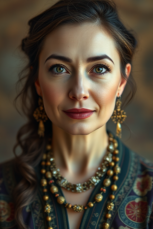 Create a portrait of a woman with intricate clothing and accessories, soft lighting, high resolution, 50mm lens, f/1.8 aperture, 1/125s shutter speed, shallow depth of field, shot from eye level, captured with a DSLR camera.