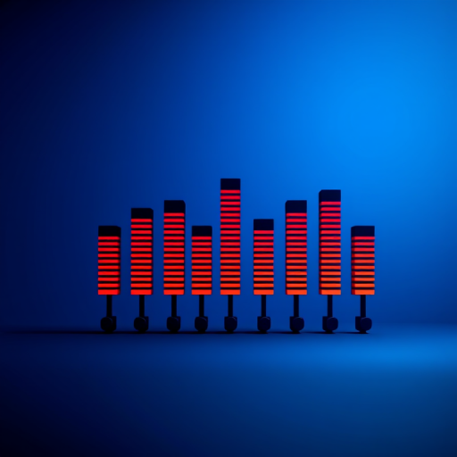 Create a minimalist digital illustration of equalizer sliders on a gradient blue background, soft lighting, focus mode: macro, aperture: f/2.8, ISO: 100, camera type: DSLR, camera view: eye-level.