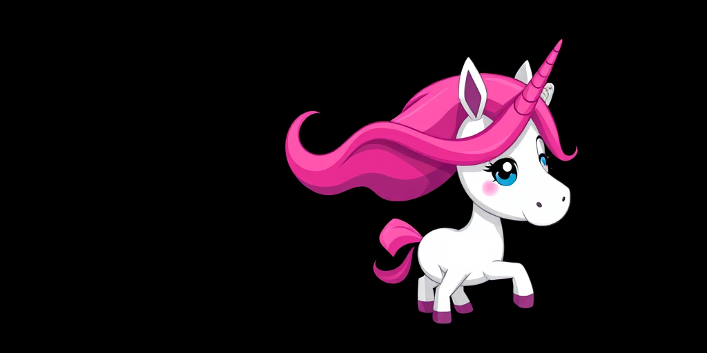 Create a colorful cartoon unicorn character with a playful pose and vibrant pink hair, set against a solid black background, captured with a DSLR camera at f/2.8, 50mm lens, ISO 100, and a soft focus style for enhanced clarity and depth.