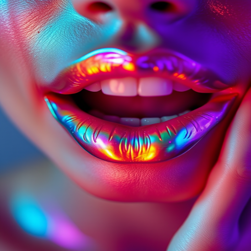 Holographic iridescent woman lips shifting colors in the light, showcasing futuristic and innovative makeup artistry