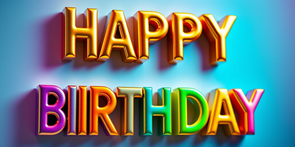 Create a vibrant and colorful digital artwork featuring the text "HAPPY BIRTHDAY" in bold, 3D letters with a shiny gold and rainbow gradient effect, using a Canon EOS R5 camera with a 50mm lens, aperture set to f/1.8, ISO 100, and a focus on a macro shot to enhance texture and detail.