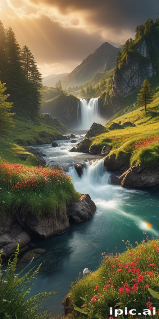Majestic Waterfall Cascading Through Lush Green Valley Under Golden ...