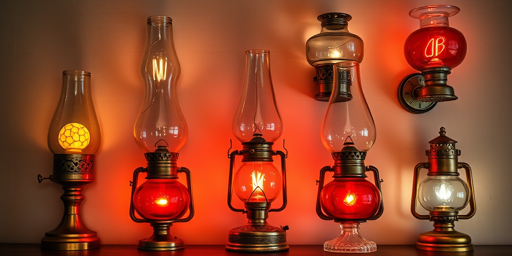 Generate a high-resolution image of eight vintage oil lamps arranged in a visually appealing manner, using a DSLR camera with a 50mm lens, aperture set at f/1.8, ISO 200, and a soft natural light setup, capturing in a top-down view with vibrant colors and fine details.